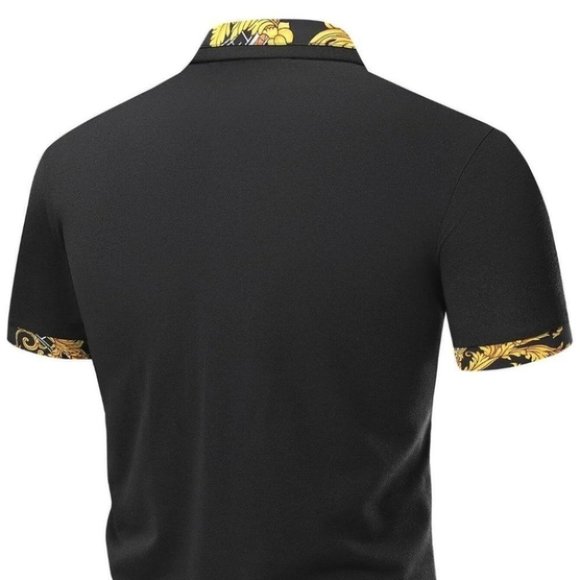 Black Casual Men's Floral Print Polo Shirt - Picture 3 of 6
